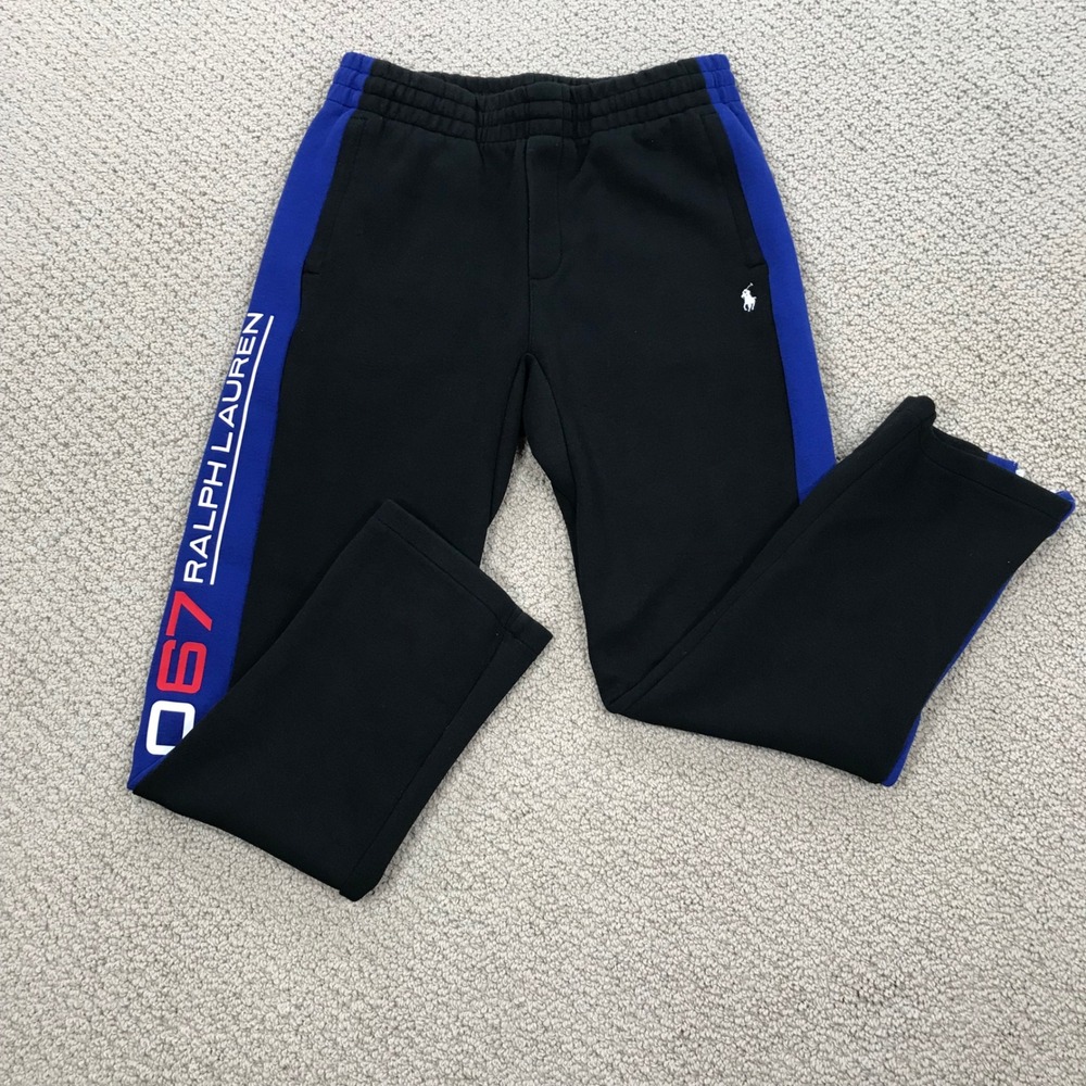 Polo Ralph Lauren Boys L 14-16 Black Blue Polo 67 Side Stripe Track Pants Jogger